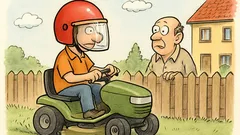 Witz: Ein Mann mäht im Schutzhelm