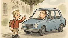 Witz: Ein kleiner Junge hält ein Auto an