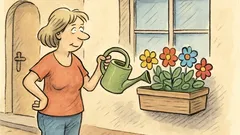 Witz: Andrea gießt Blumen ohne Wasser