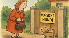 Witz: Ulrike liest „Vorsicht, Hund!“ am Tor